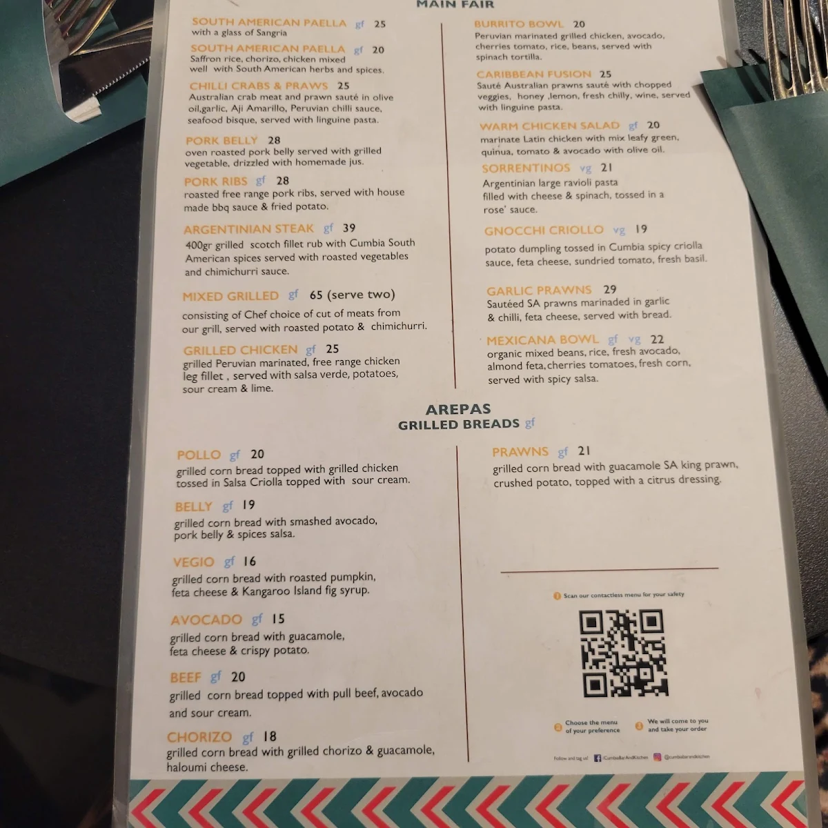 Menu, Cumbia Bar Kitchen