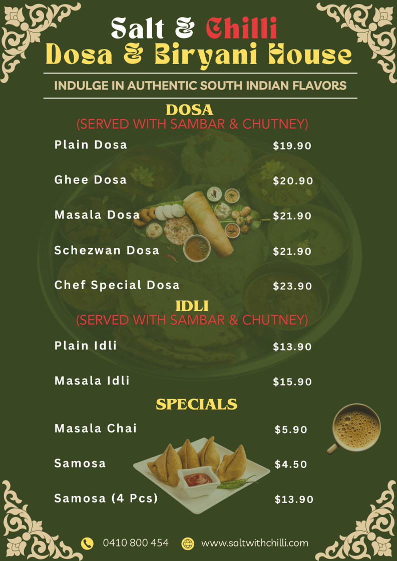 Menu, Salt & Chilli Dosa & Biryani House