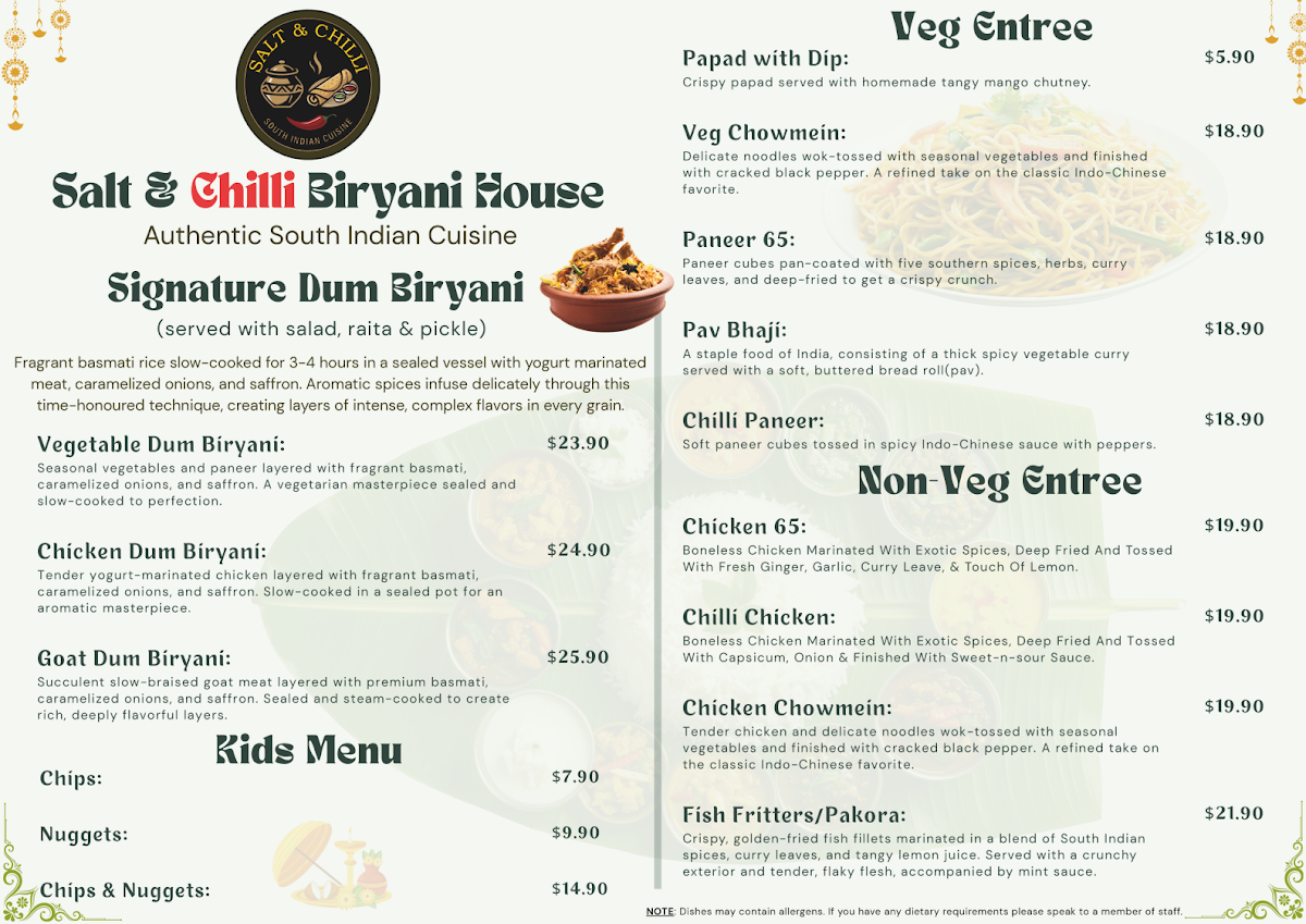 Menu, Salt & Chilli Dosa & Biryani House