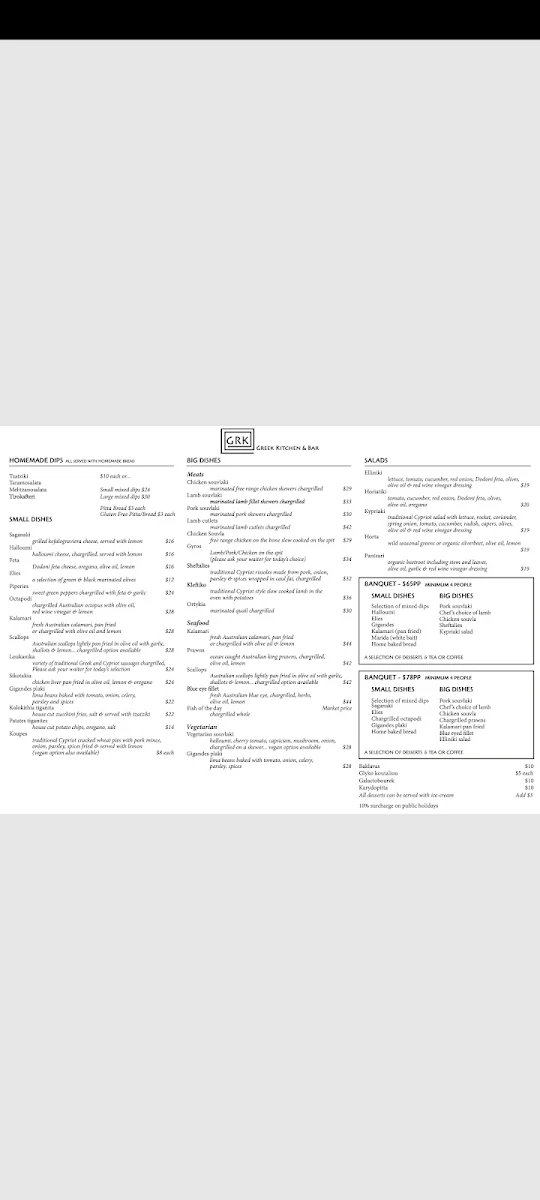 Menu, GRK Greek Kitchen and Bar