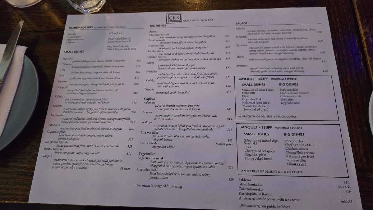 Menu, GRK Greek Kitchen and Bar
