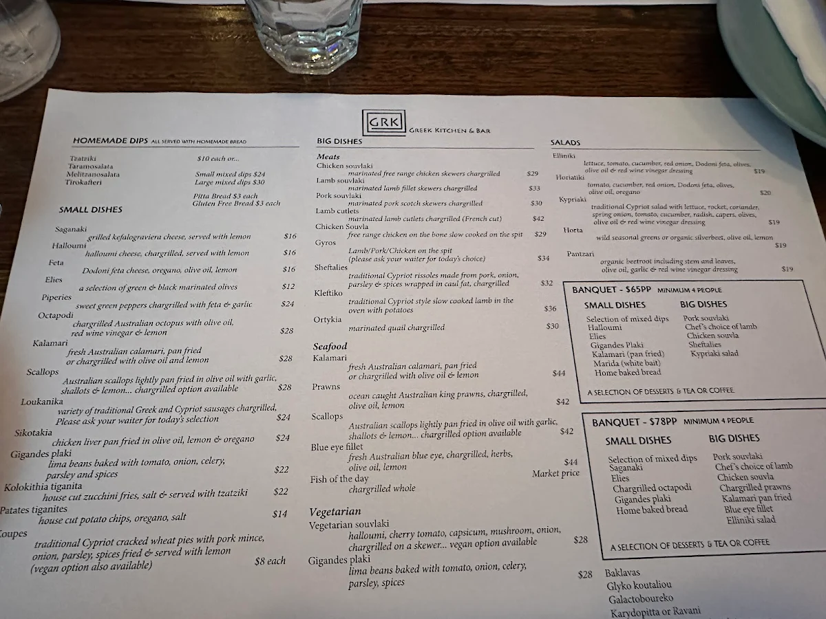 Menu, GRK Greek Kitchen and Bar