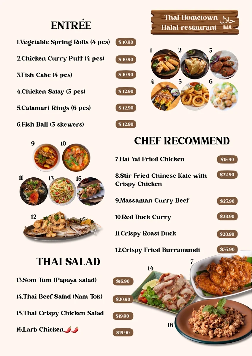 Menu, Thai Hometown Halal Restaurant