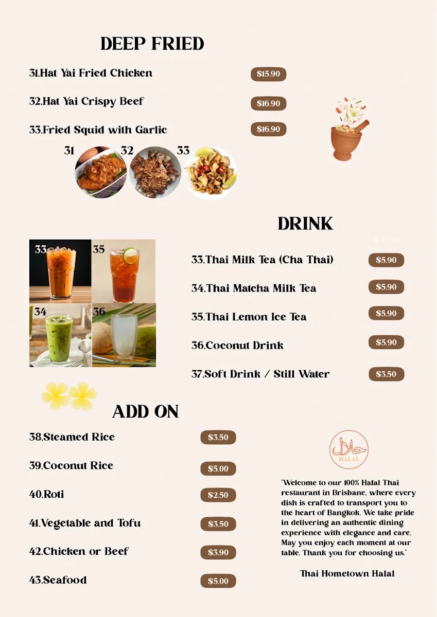 Menu, Thai Hometown Halal Restaurant