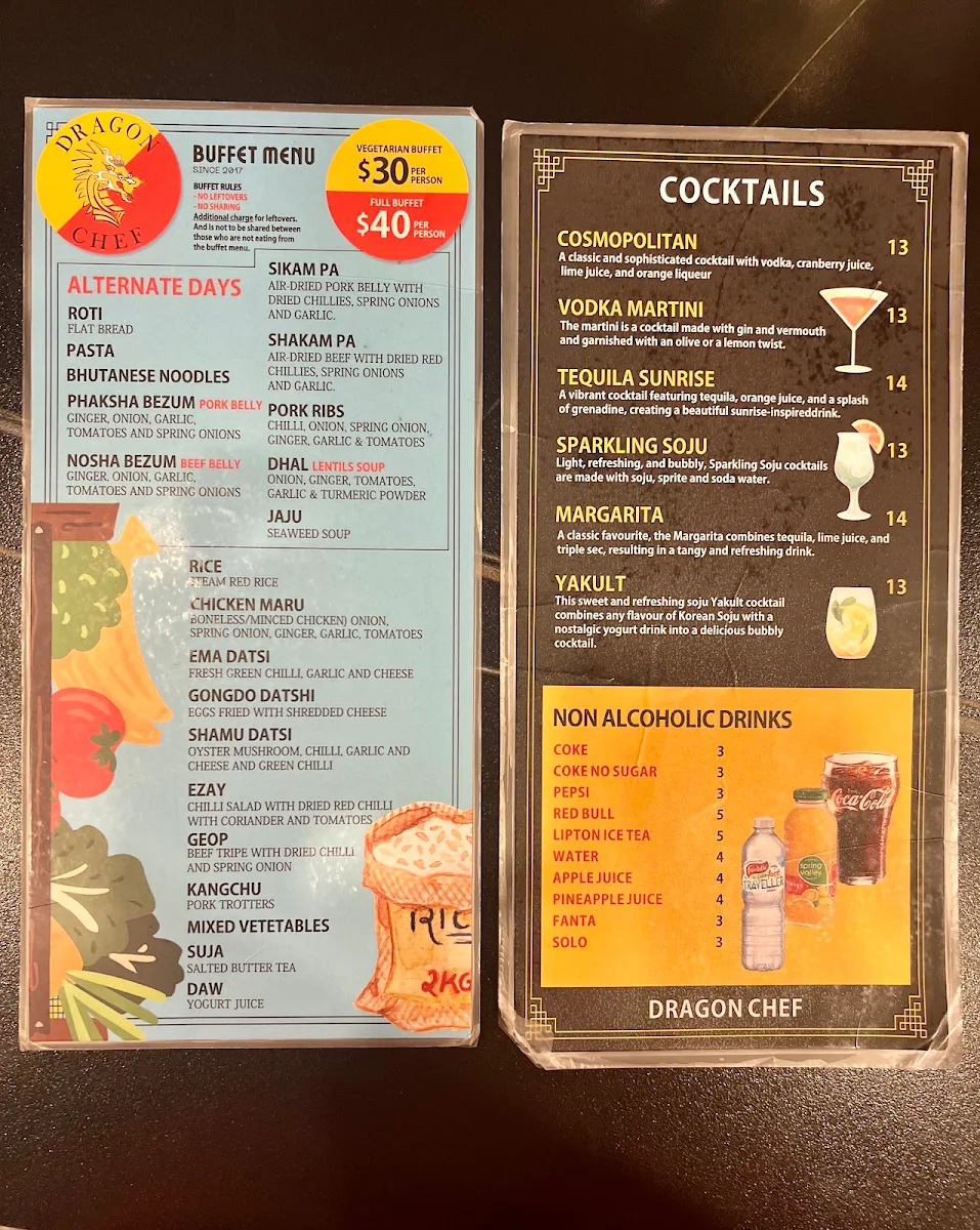 Menu, Dragon Chef - Bhutanese Restaurant