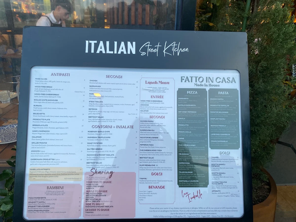 Menu, Italian Street Kitchen Bella Vista