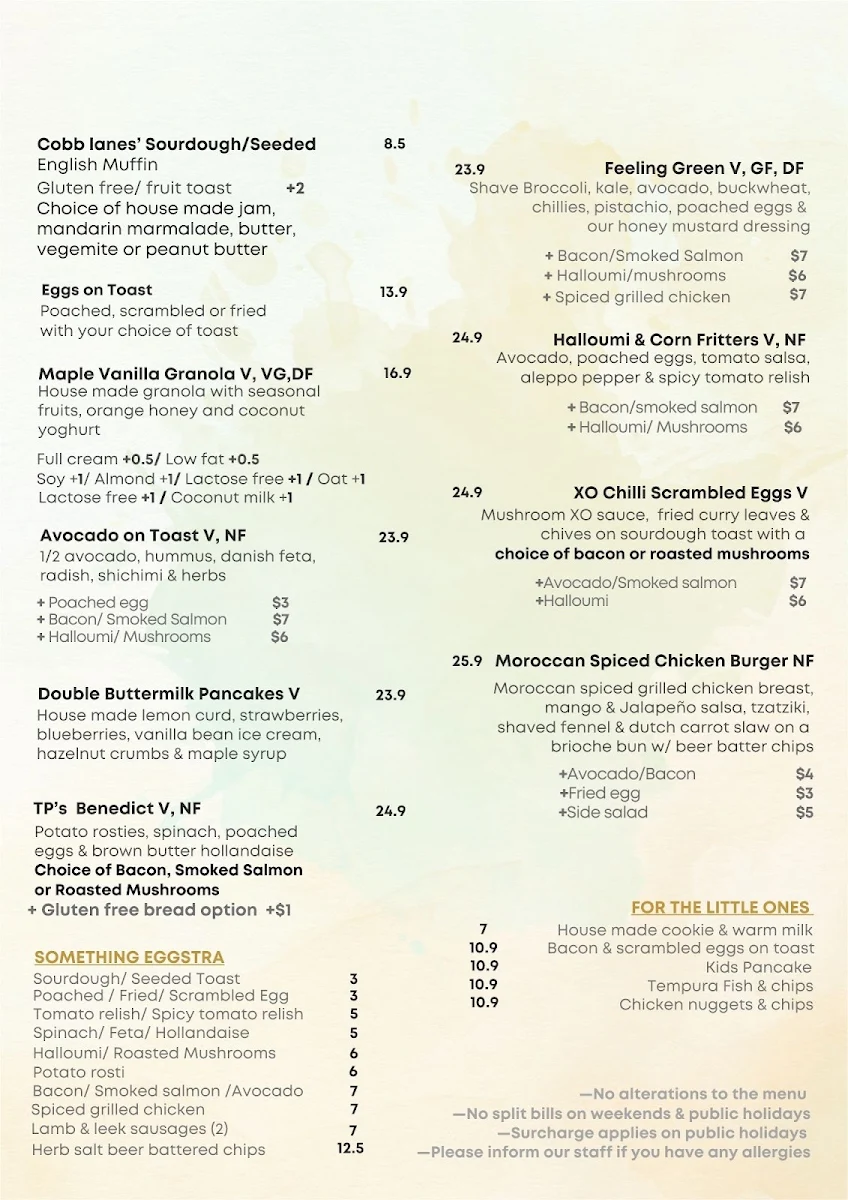 Menu, Turning Point Cafe