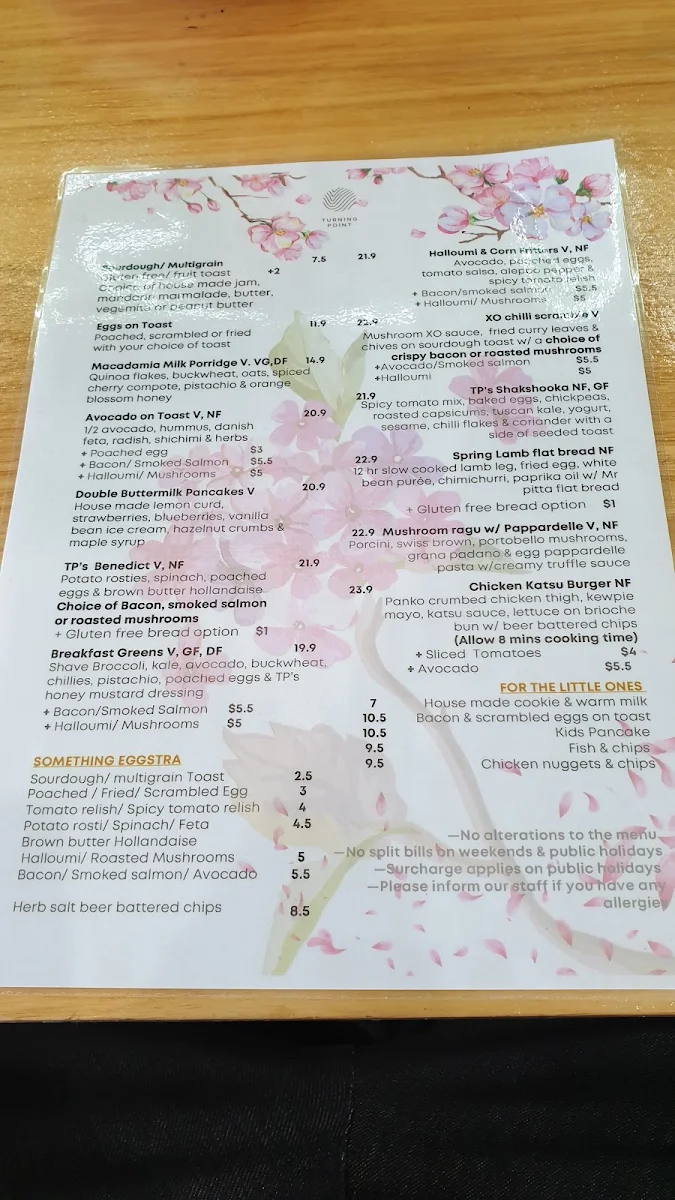 Menu, Turning Point Cafe