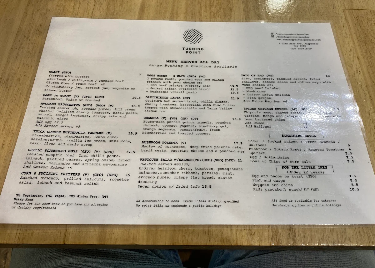 Menu, Turning Point Cafe