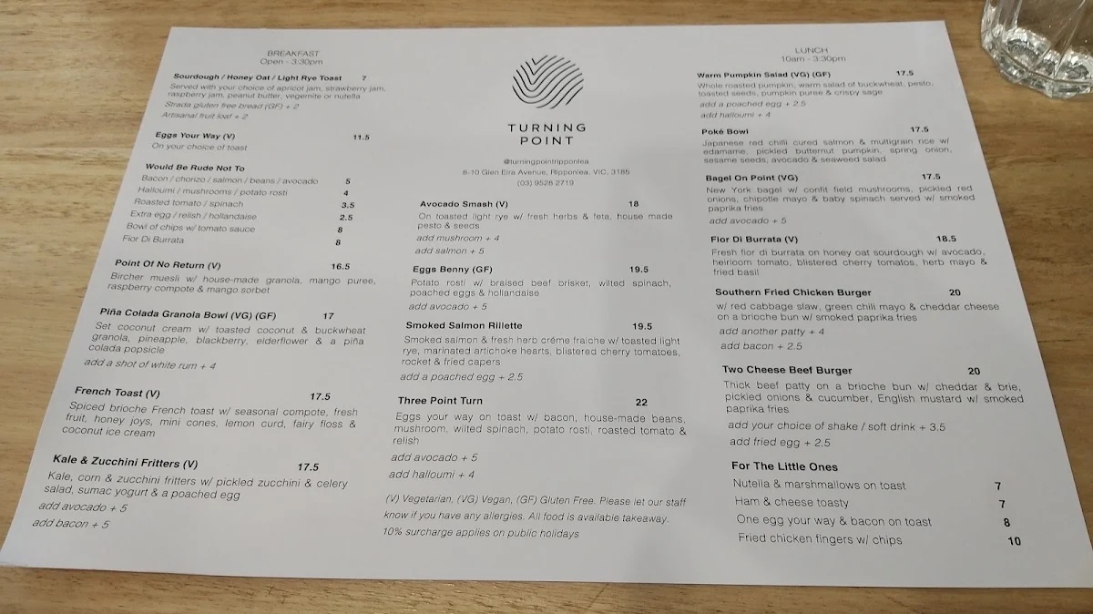 Menu, Turning Point Cafe