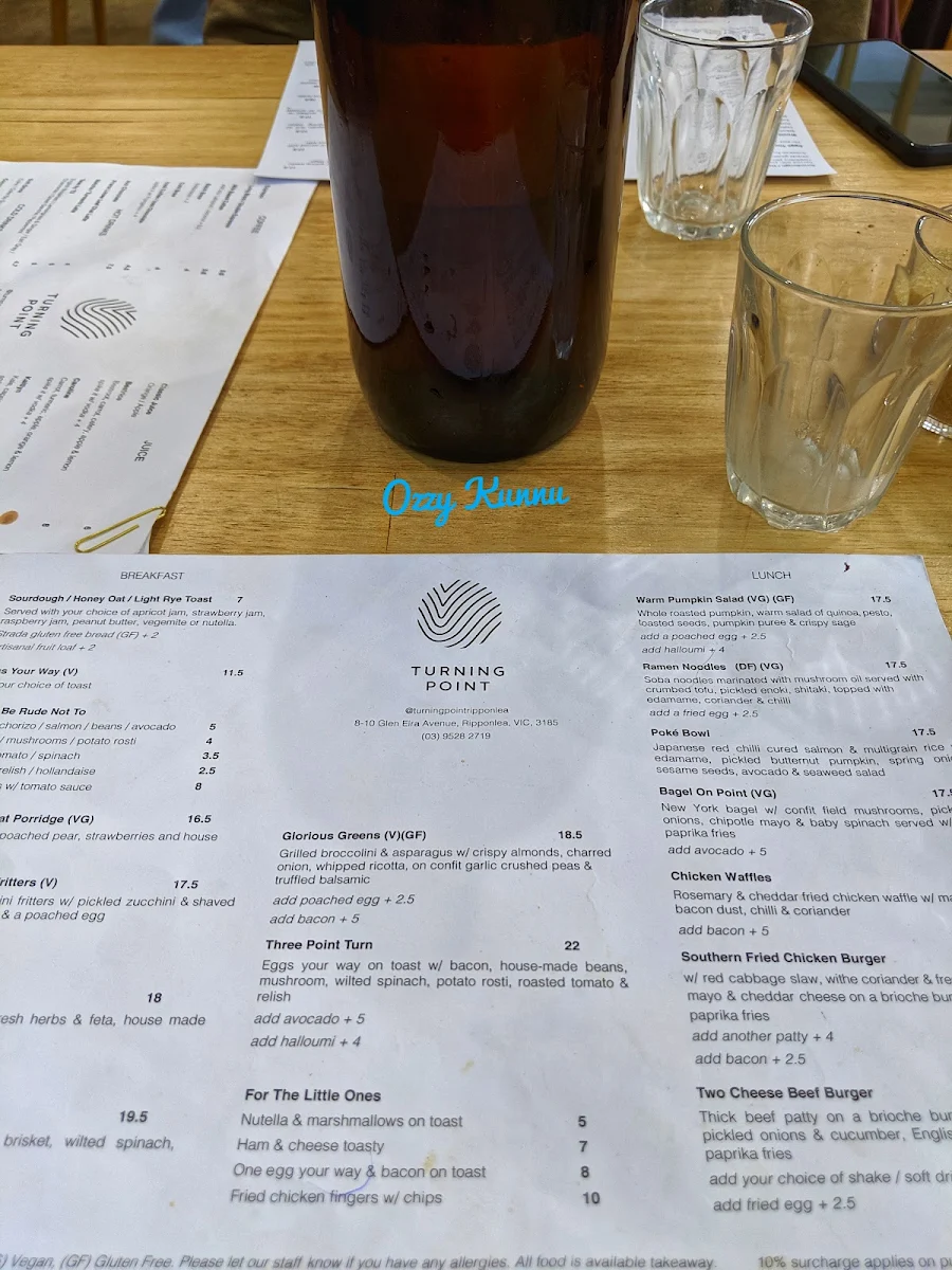 Menu, Turning Point Cafe