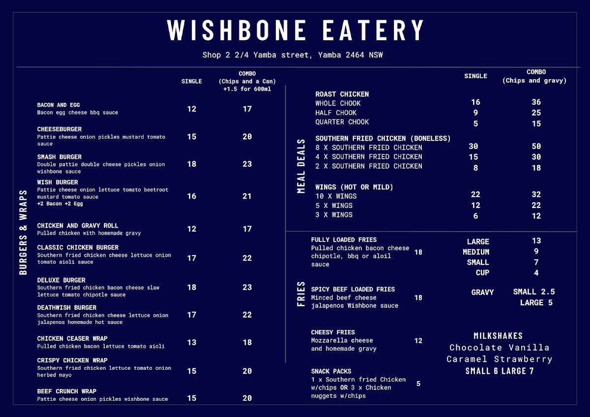 Menu, Wishbone Eatery Yamba