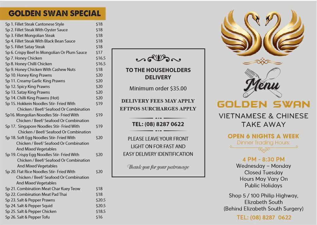 Menu, Golden Swan Chinese Takeaway
