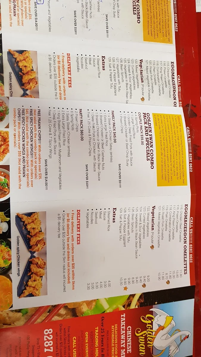Menu, Golden Swan Chinese Takeaway