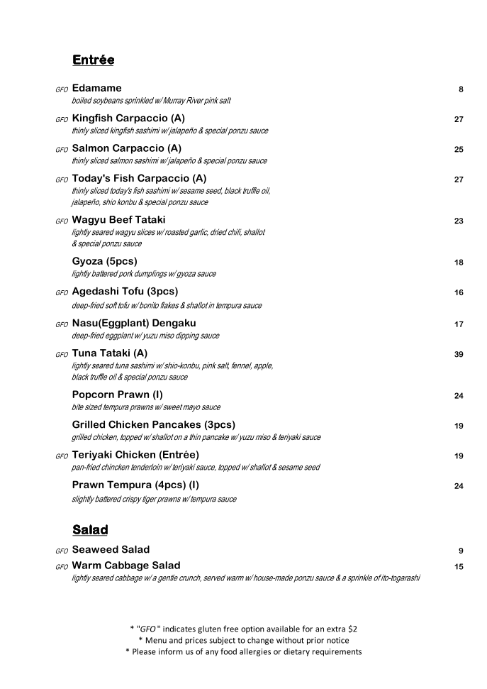 Menu, Gochiso Japanese Restaurant
