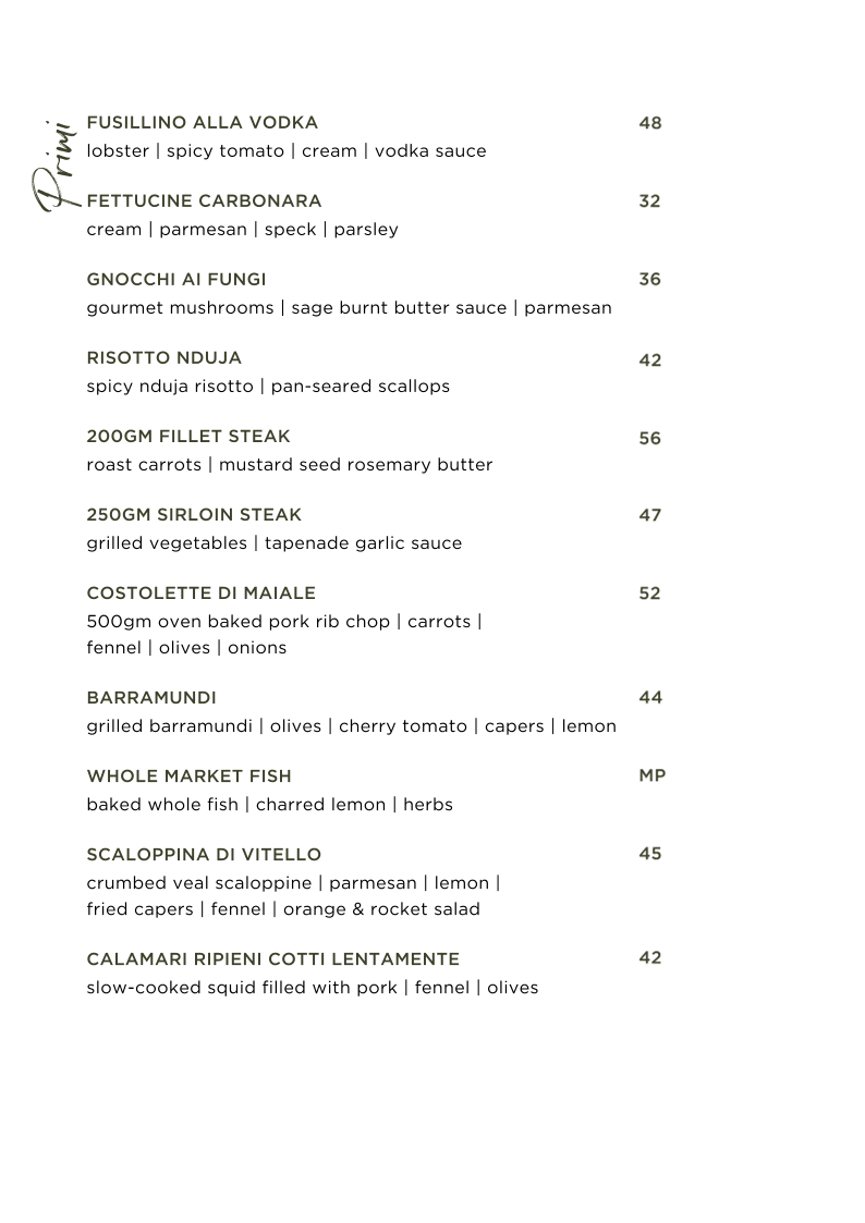 Menu, Zebu Bar & Restaurant
