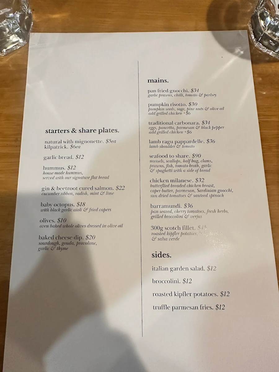 Menu, Zebu Bar & Restaurant