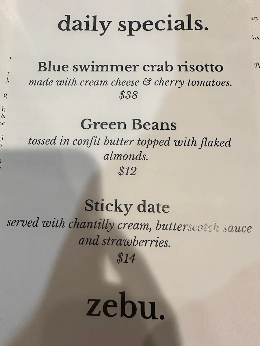 Menu, Zebu Bar & Restaurant