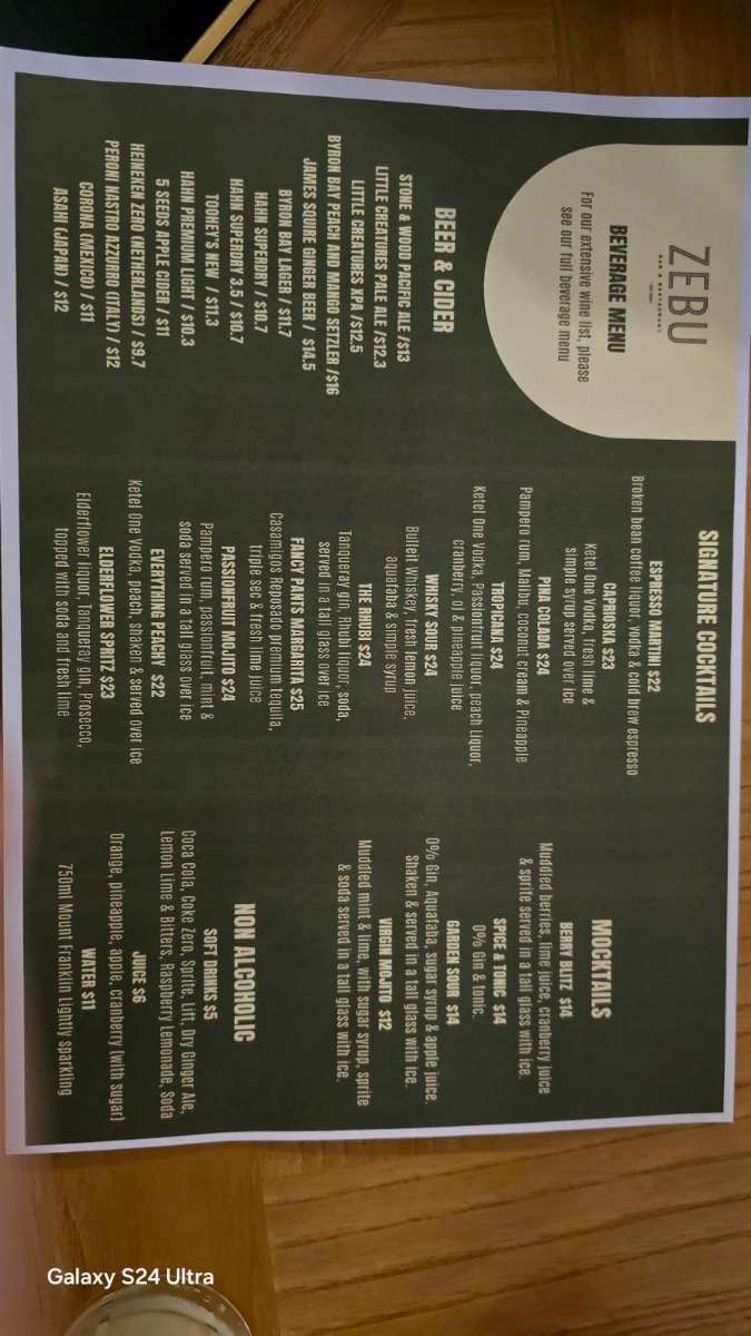 Menu, Zebu Bar & Restaurant