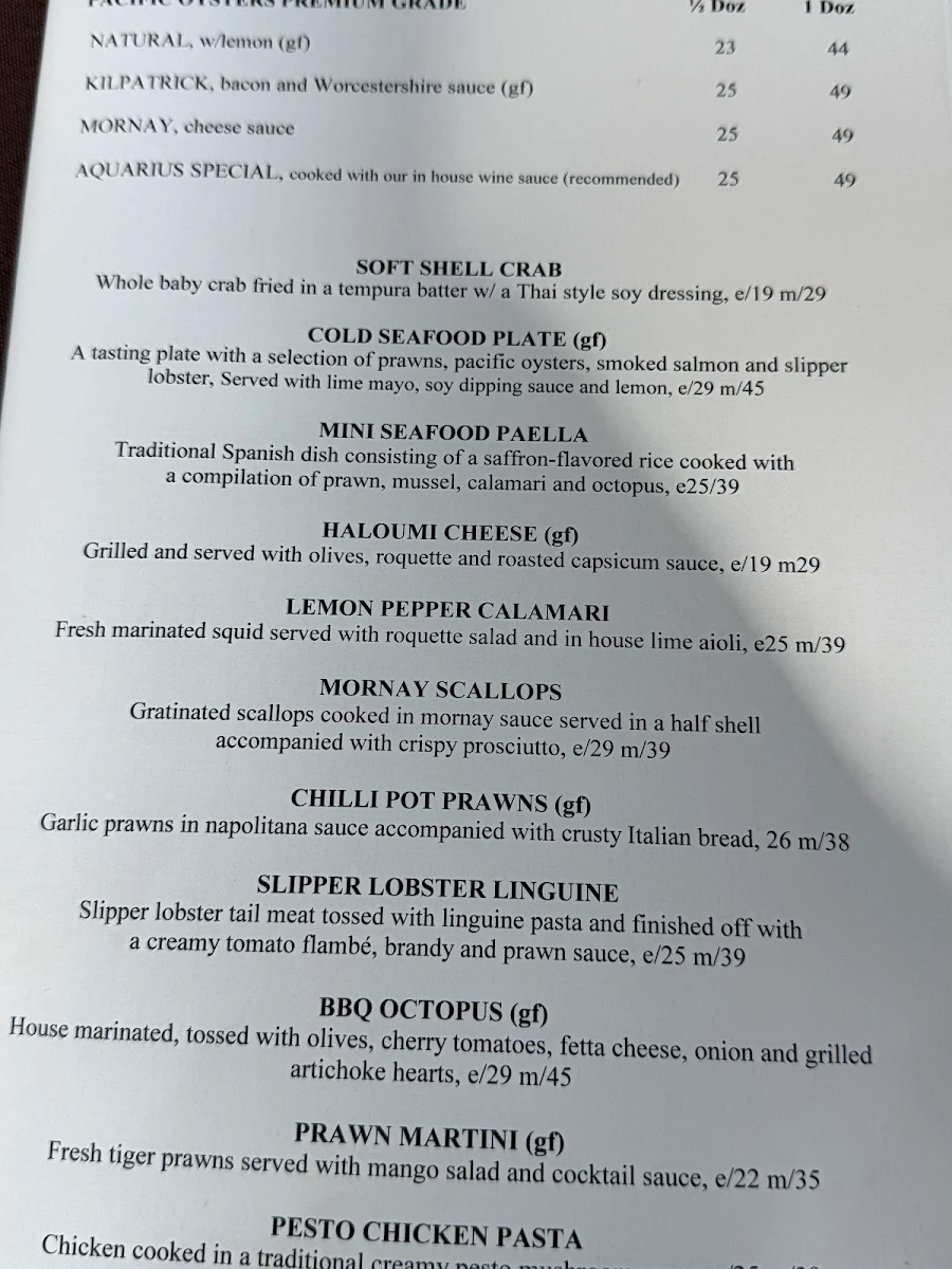 Menu, Aquarius Seafood Restaurant