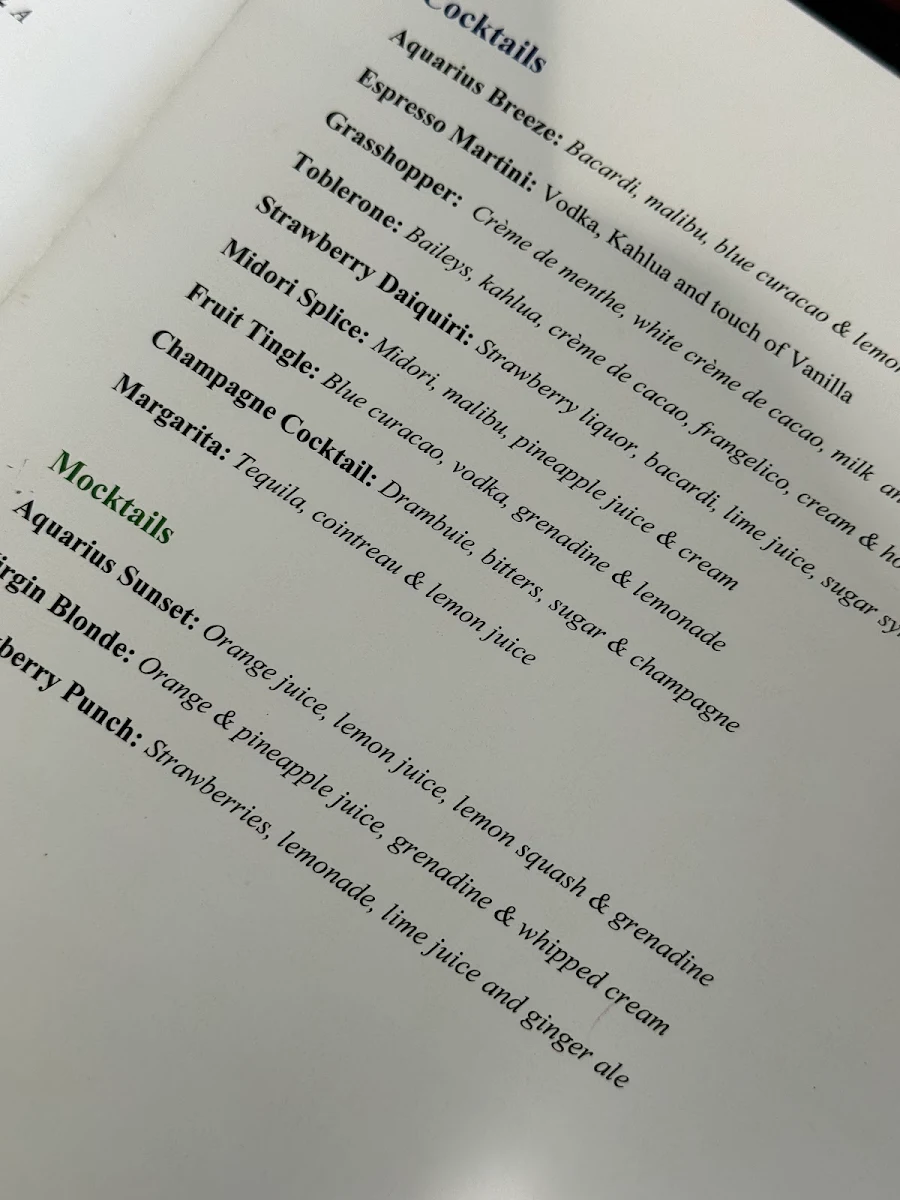 Menu, Aquarius Seafood Restaurant