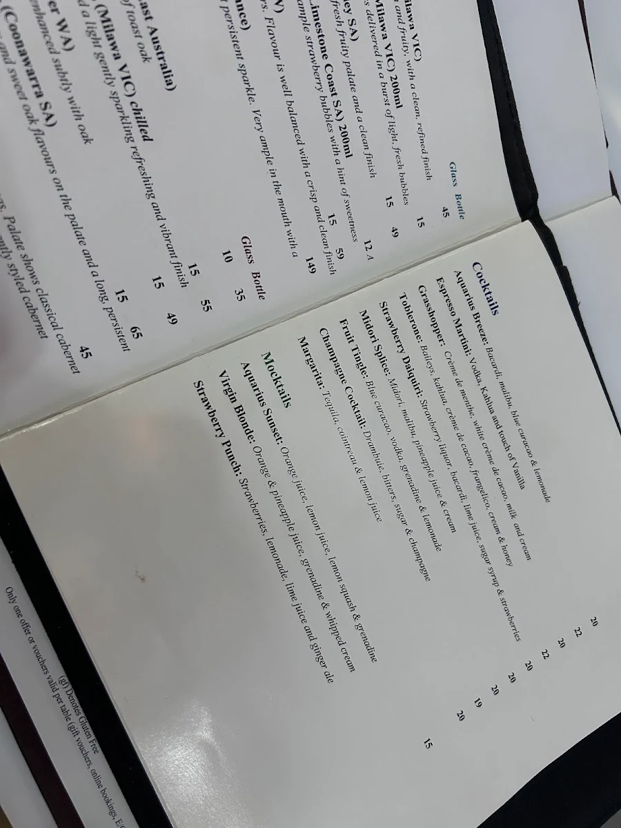 Menu, Aquarius Seafood Restaurant