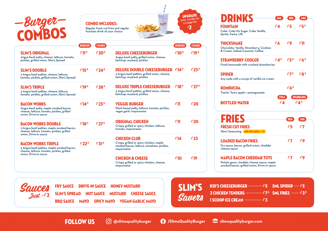 Menu, Slim's Quality Burger