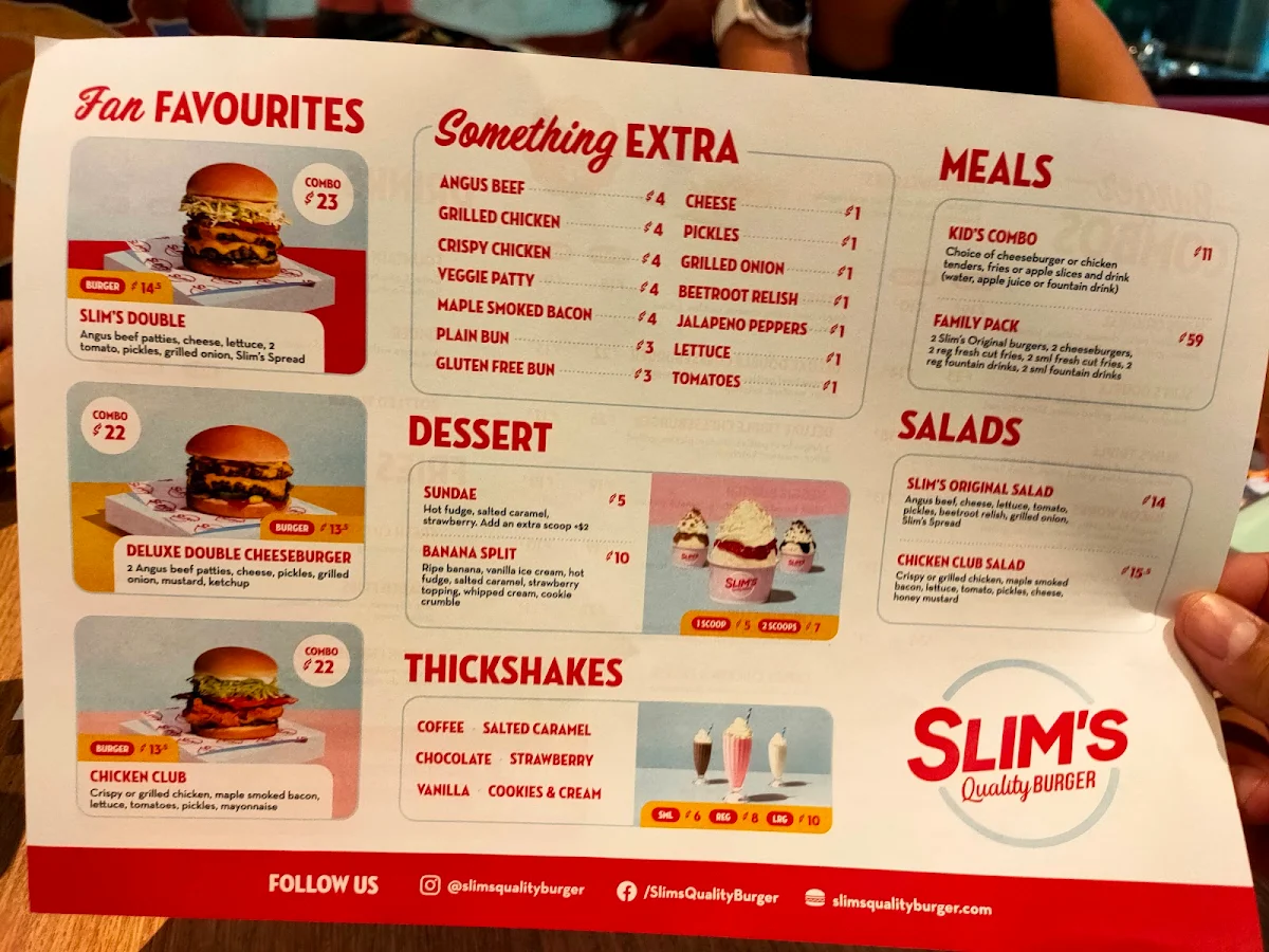 Menu, Slim's Quality Burger
