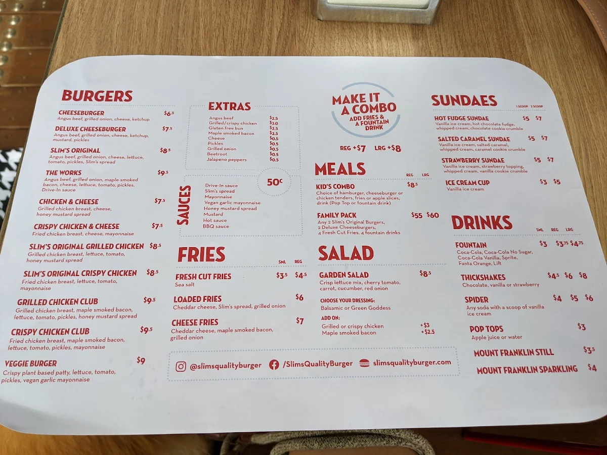 Menu, Slim's Quality Burger