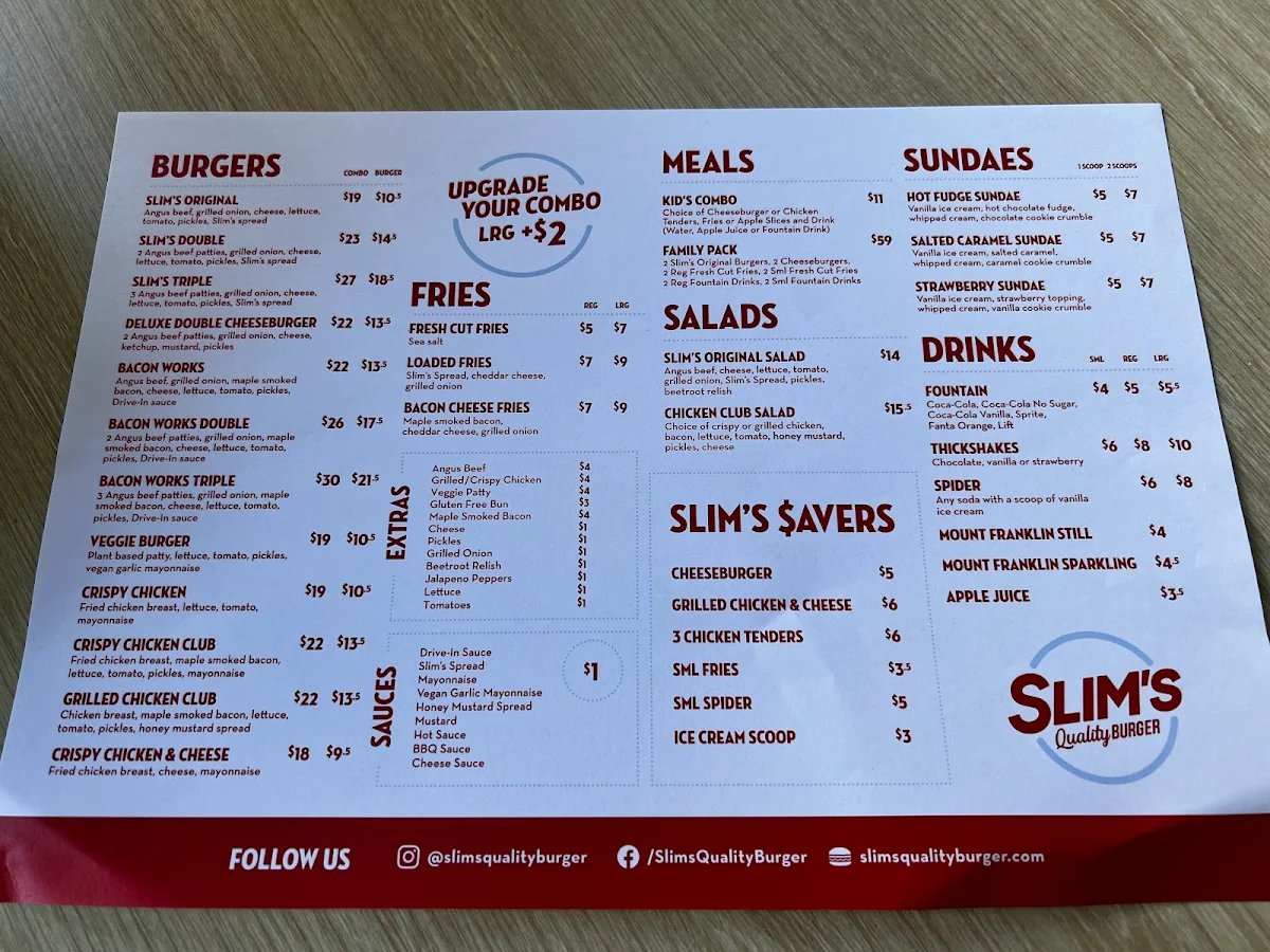 Menu, Slim's Quality Burger