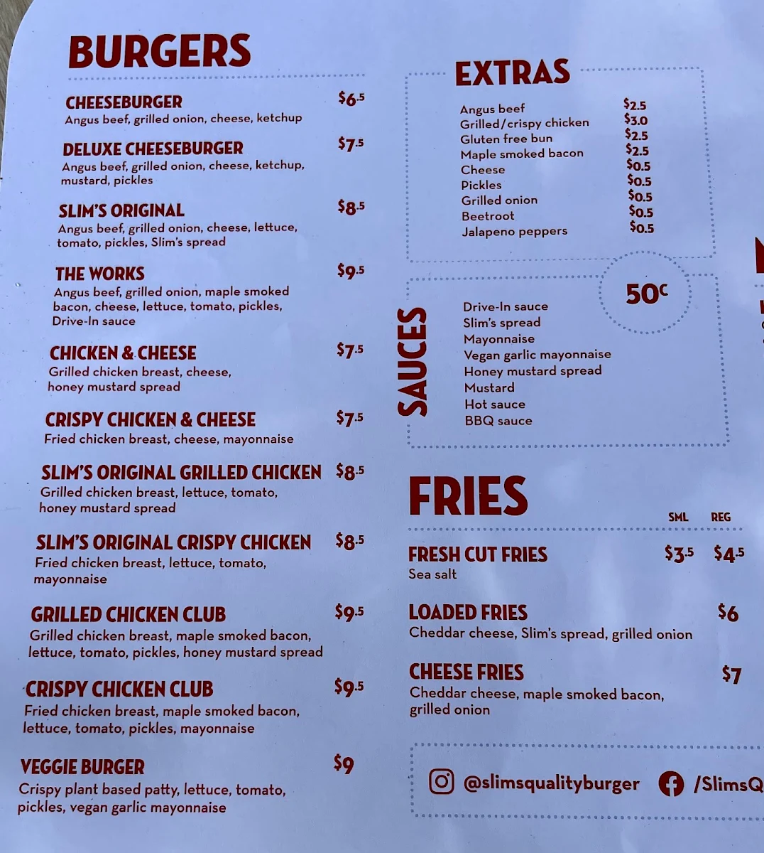 Menu, Slim's Quality Burger