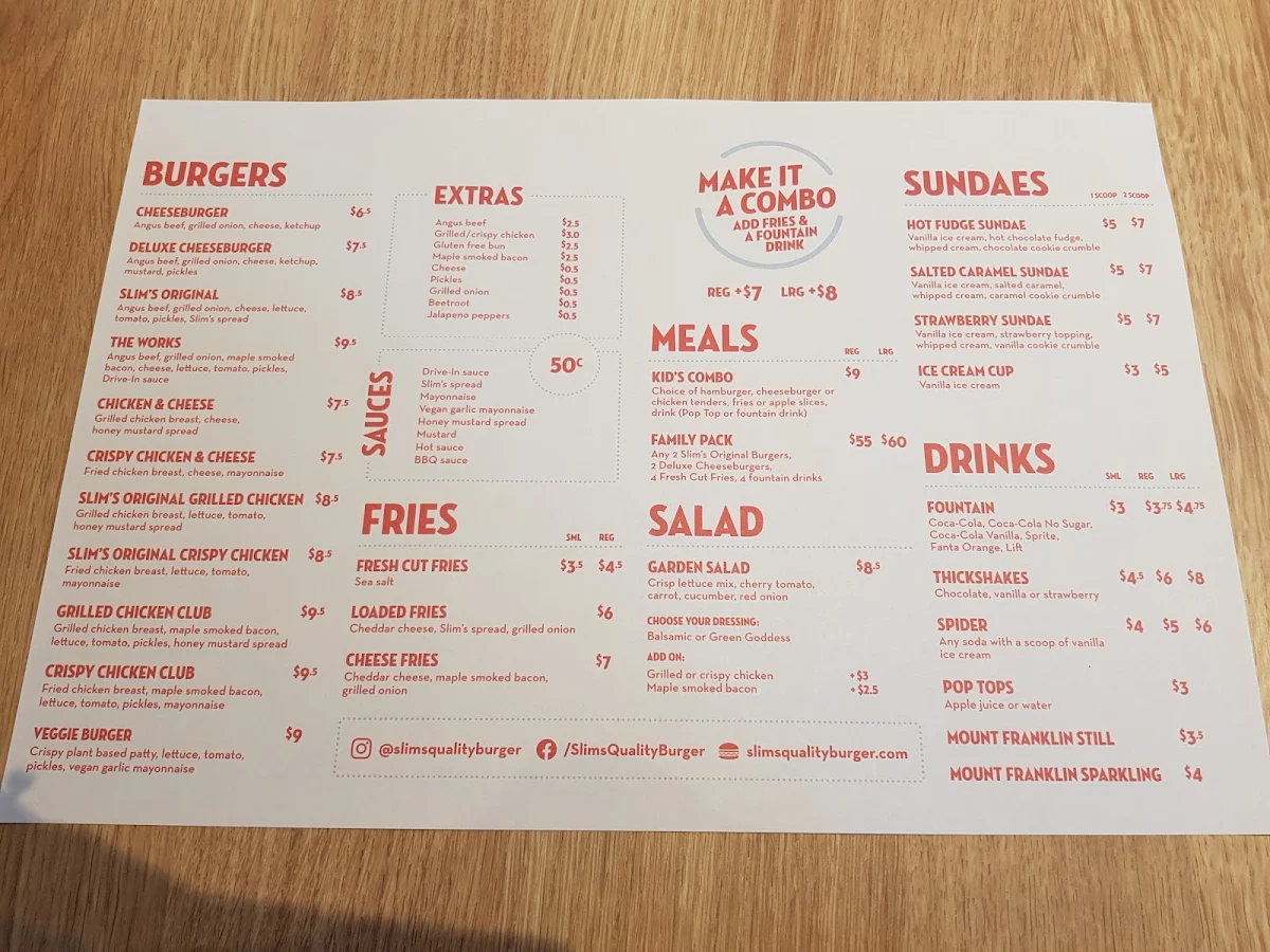 Menu, Slim's Quality Burger