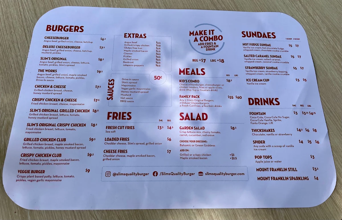 Menu, Slim's Quality Burger