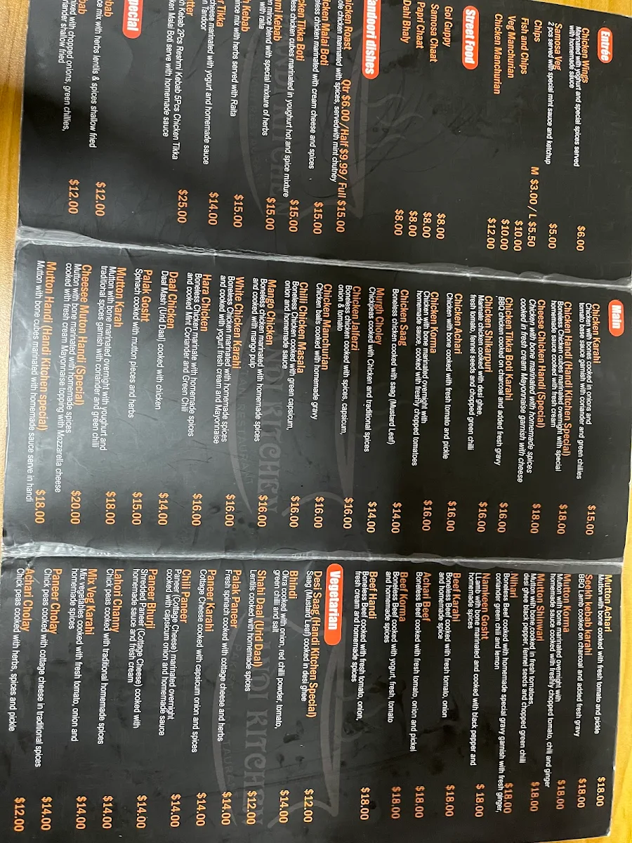 Menu, Handi Kitchen
