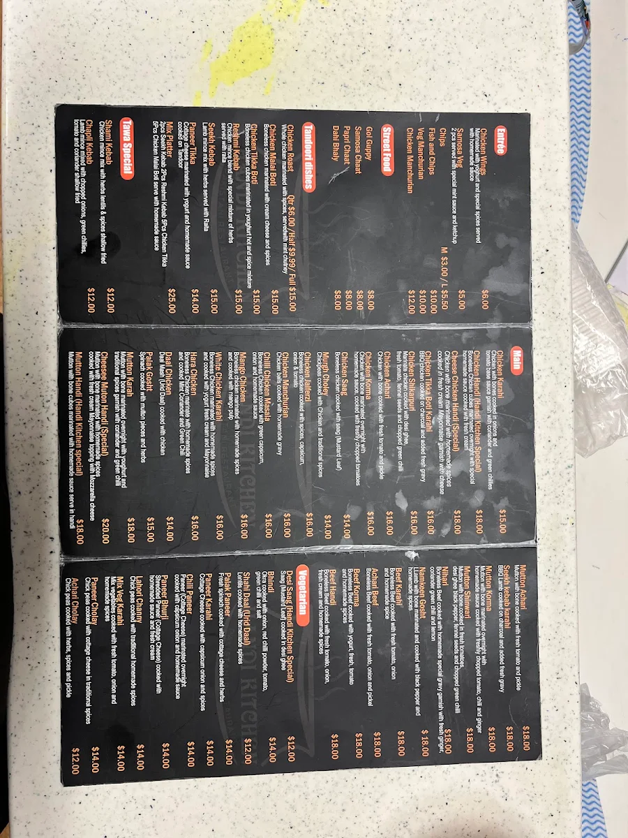 Menu, Handi Kitchen