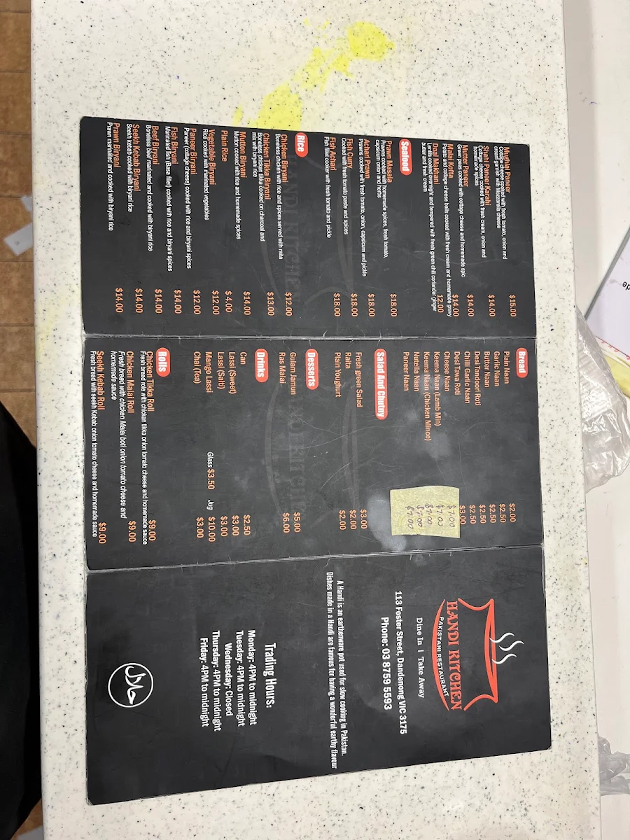 Menu, Handi Kitchen