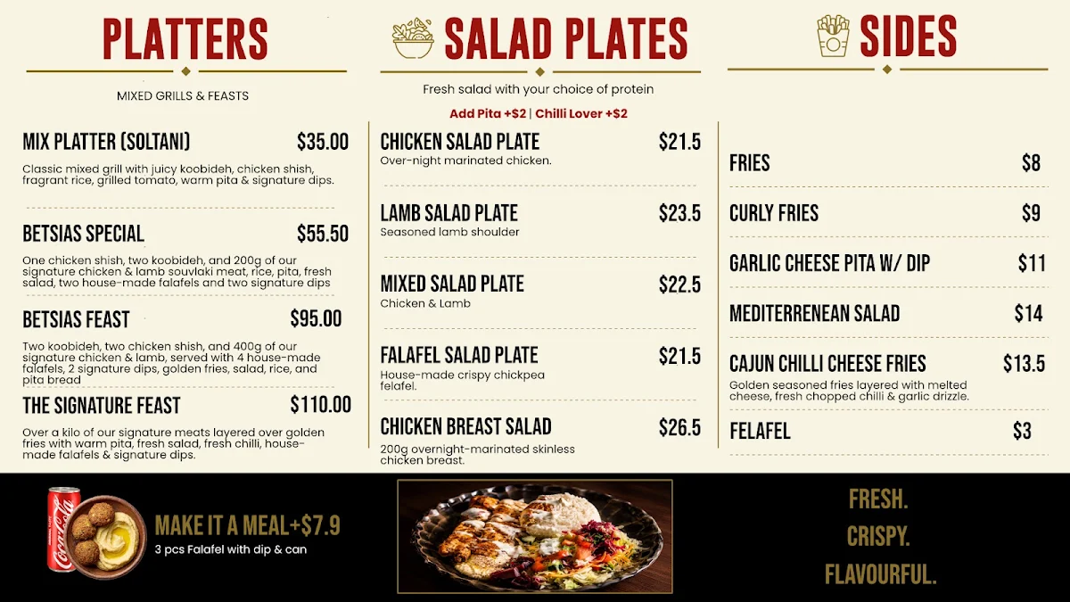 Menu, Betsias Kebab & Grill