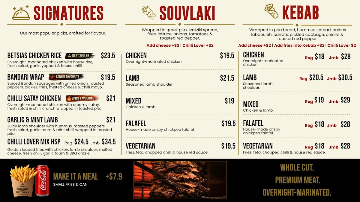 Menu, Betsias Kebab & Grill