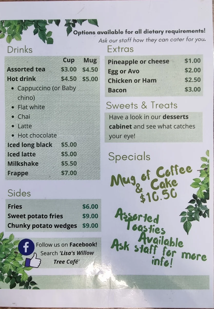 Menu, Lisa's Willow Tree Cafe