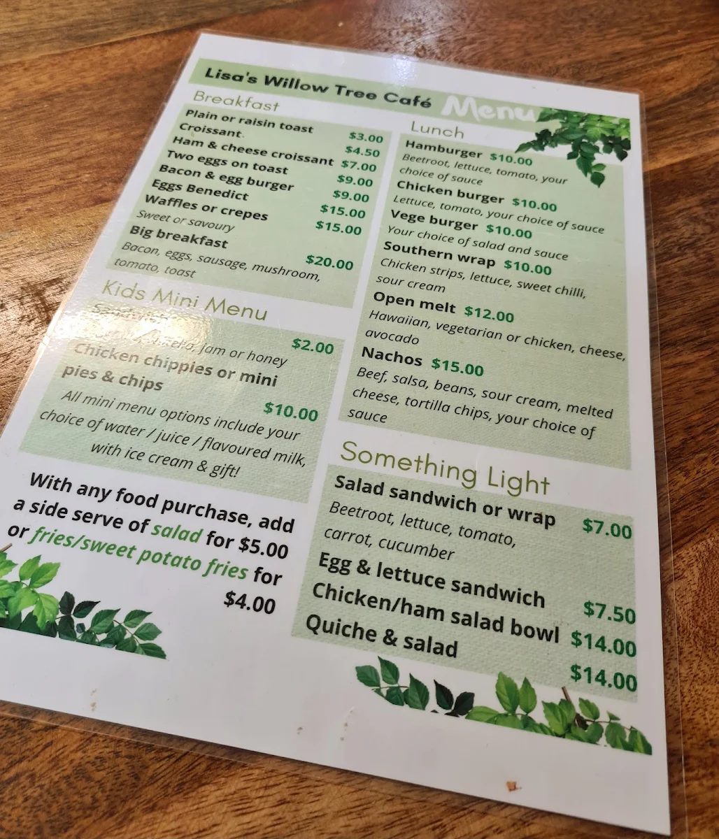 Menu, Lisa's Willow Tree Cafe