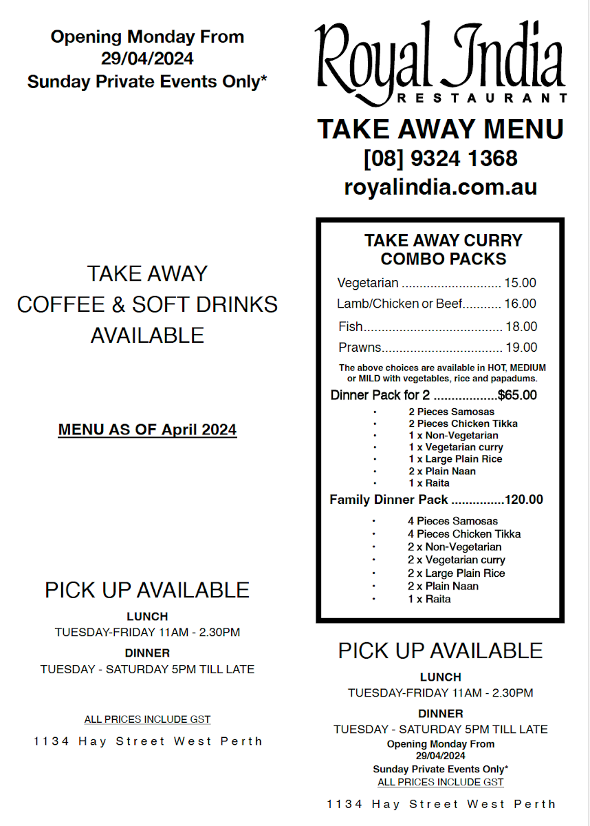 Menu, Royal India Restaurant