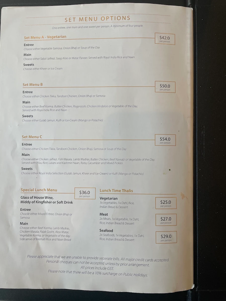 Menu, Royal India Restaurant