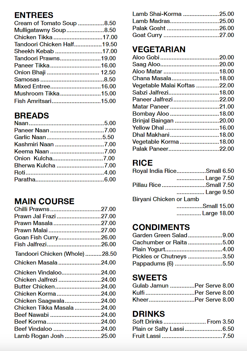 Menu, Royal India Restaurant
