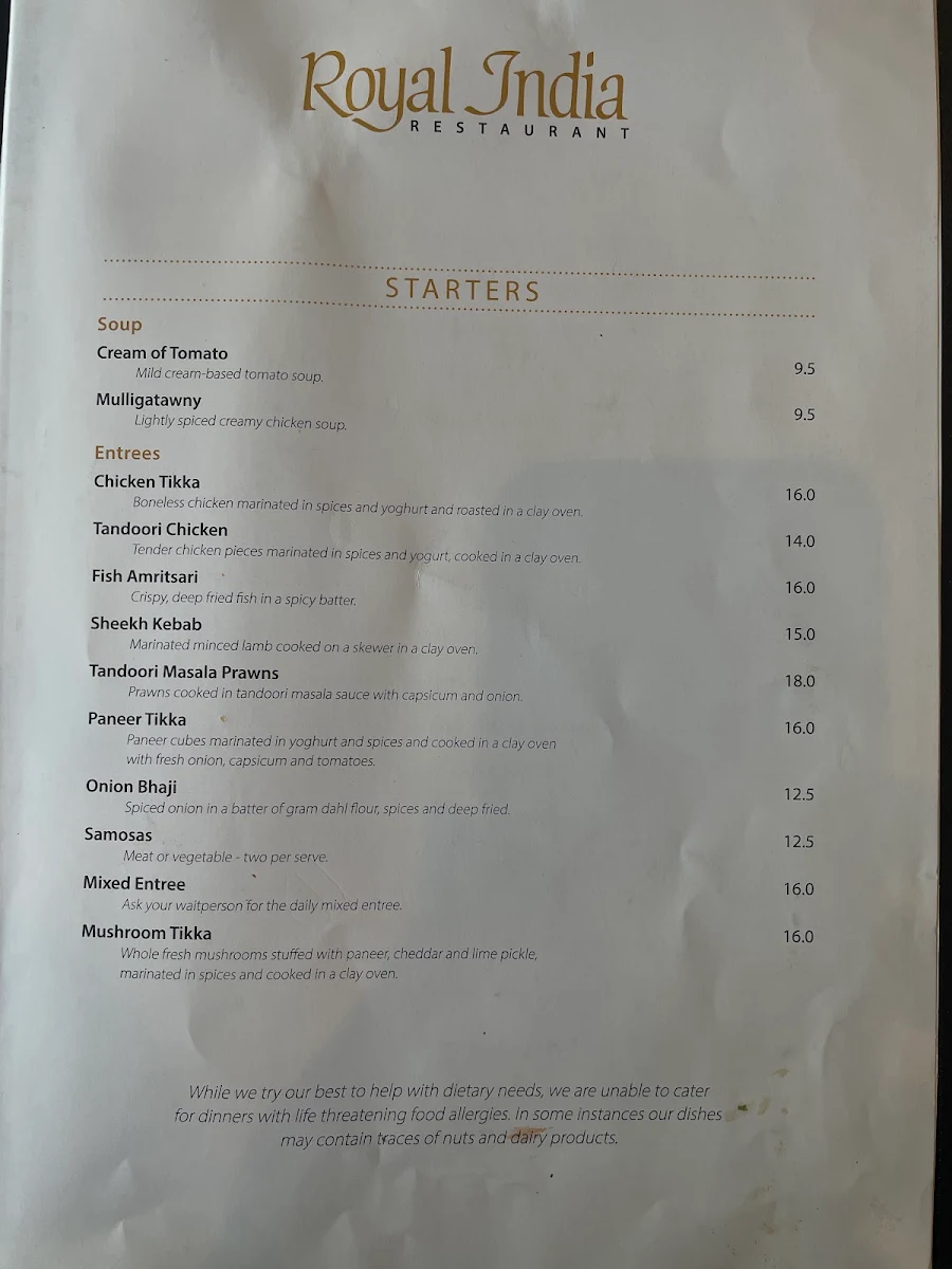 Menu, Royal India Restaurant