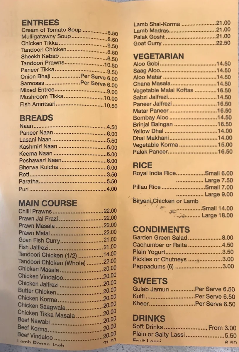 Menu, Royal India Restaurant