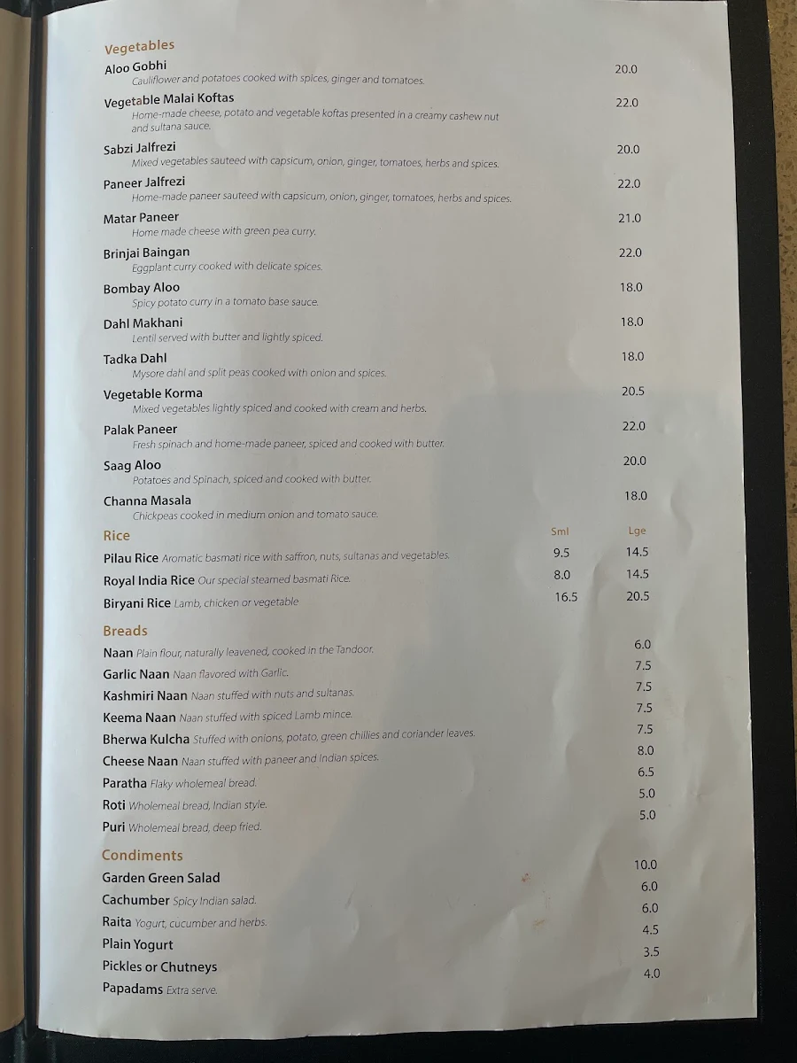 Menu, Royal India Restaurant