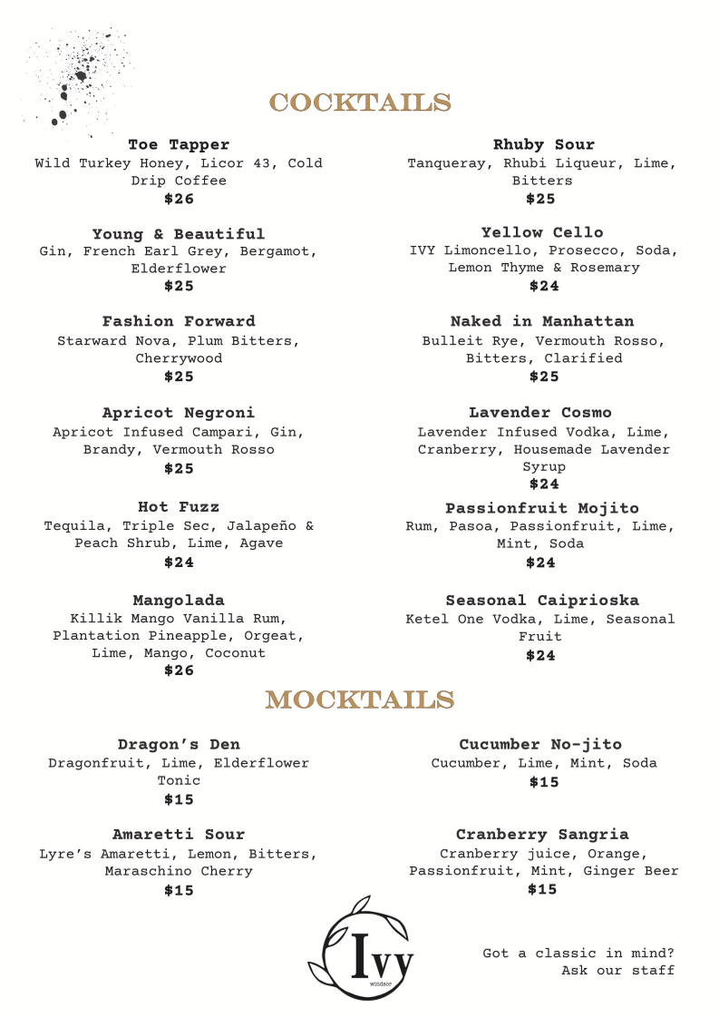 Menu, IVY Piano Bar