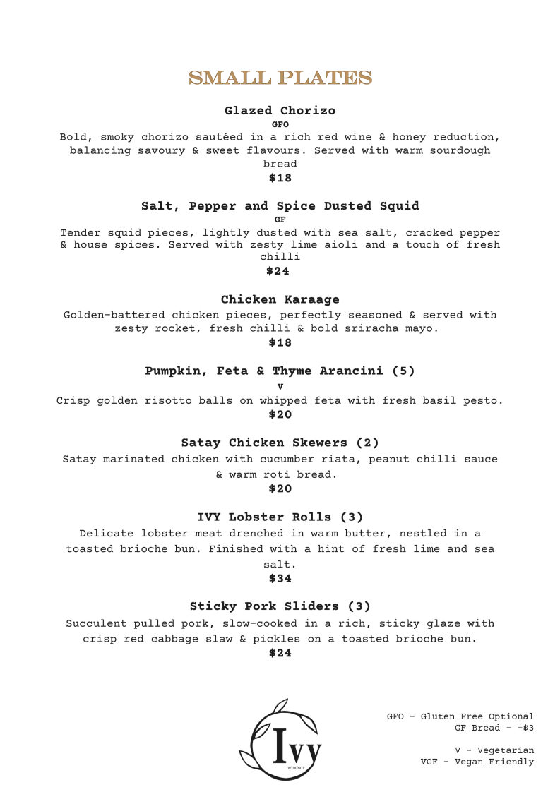Menu, IVY Piano Bar