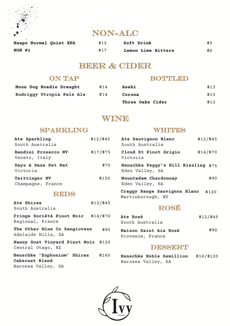 Menu, IVY Piano Bar