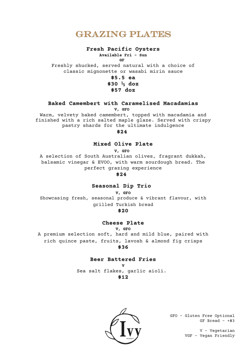 Menu, IVY Piano Bar